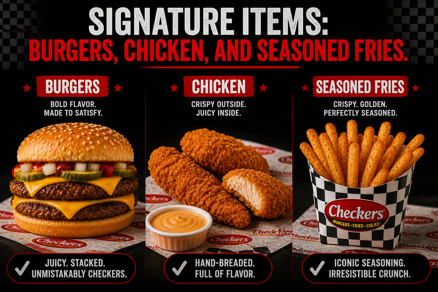 Signature Items: Burgers, Chicken, and Seasoned Fries.